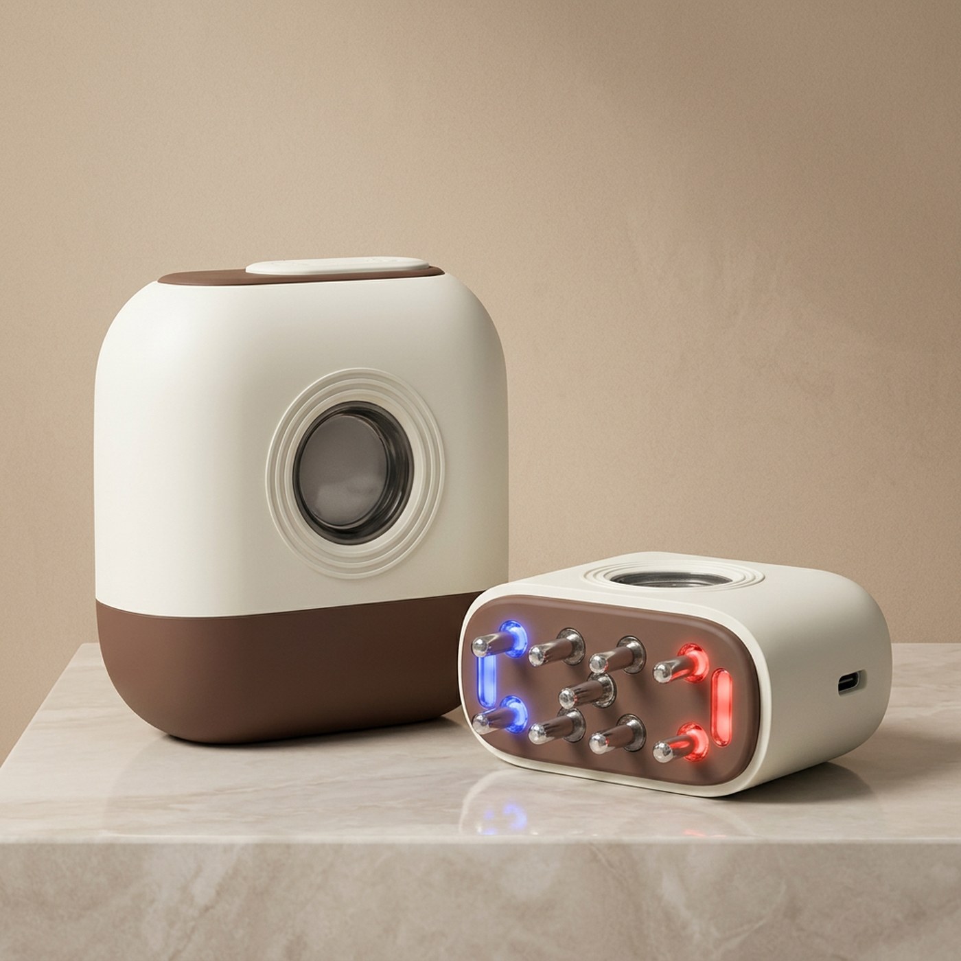 Crown Therapy Light Device, ivory and cocoa handpiece, studio shot